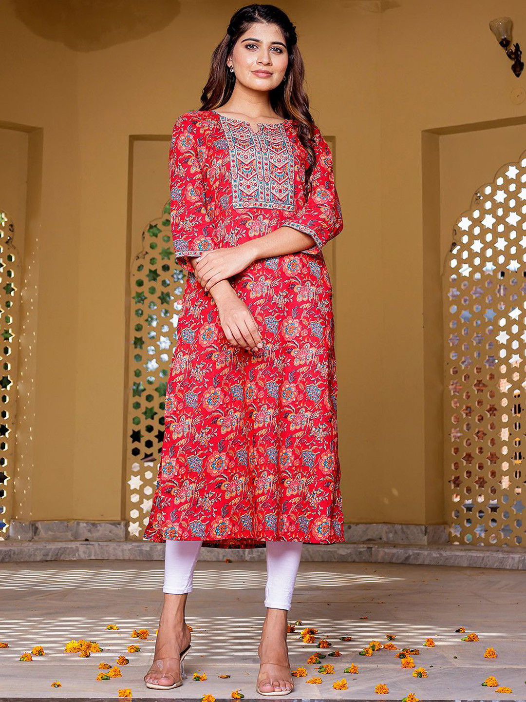

VASVI Floral Printed Notch Neck Three-Quarter Sleeves Cotton Straight Kurta, Red