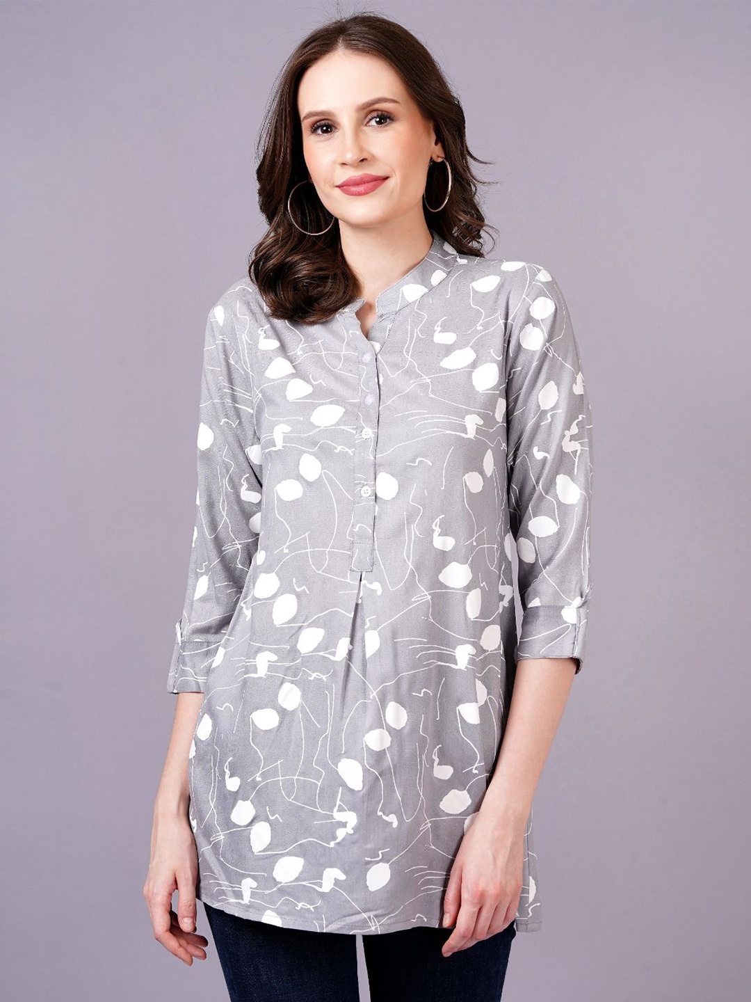 

HIGHLIGHT FASHION EXPORT Women Printed Mandarin Collar Shirt Style Longline Top, Grey