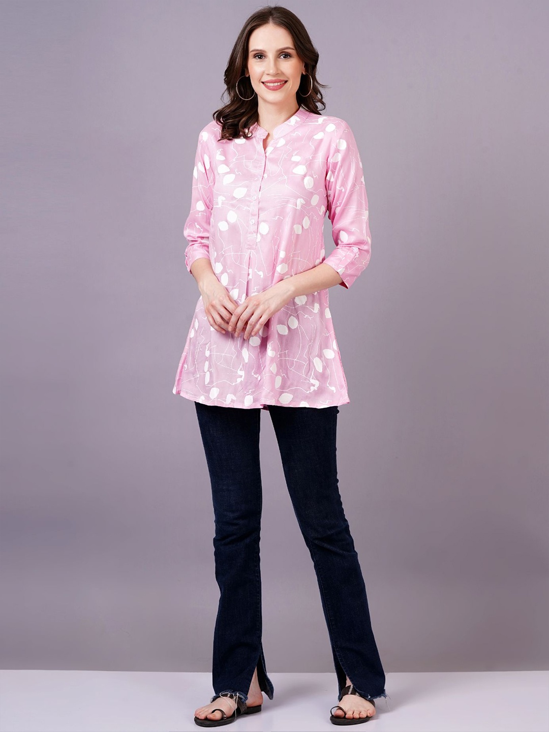 

HIGHLIGHT FASHION EXPORT Women Pink Floral Print Mandarin Collar Shirt Style Top