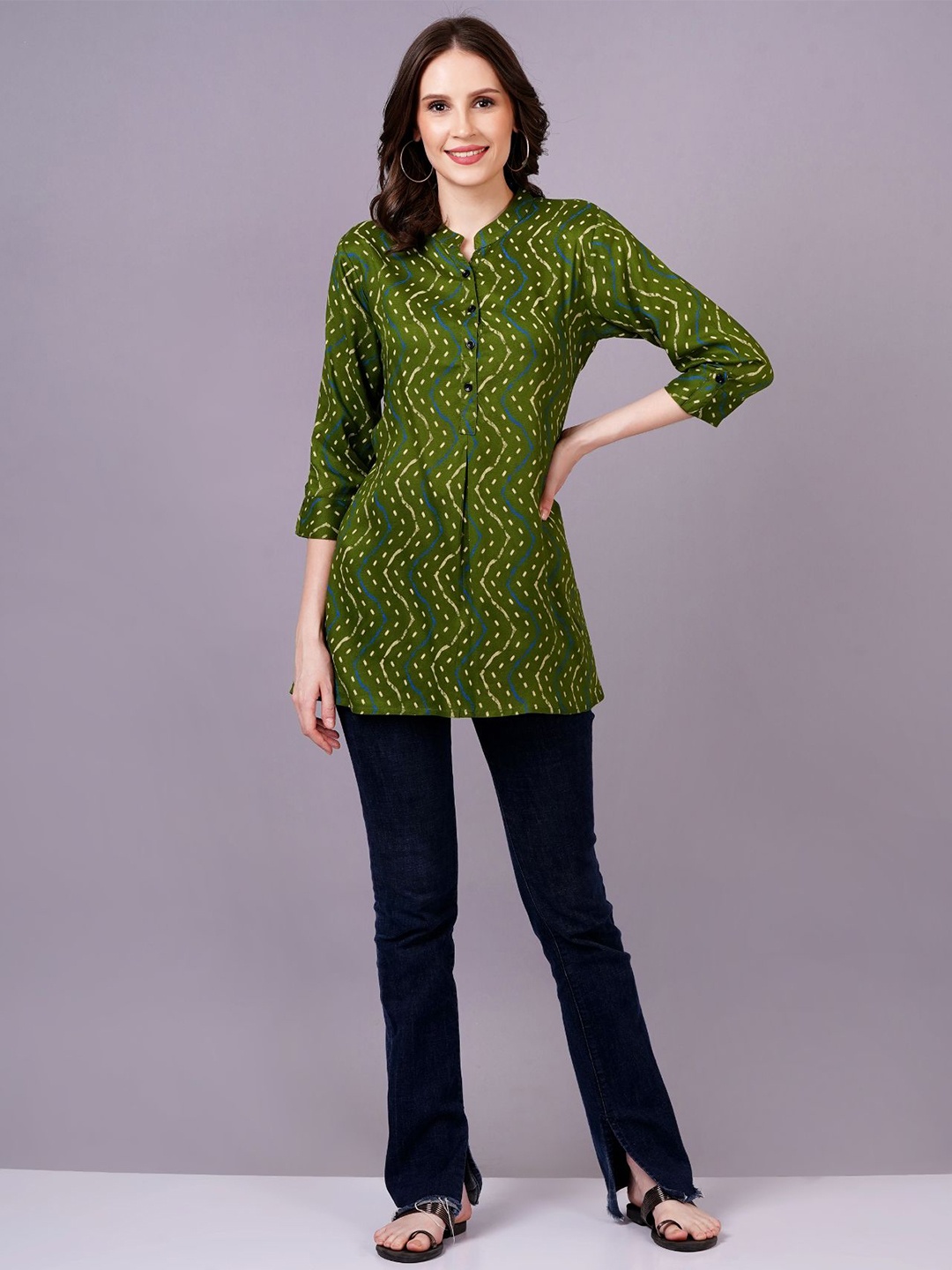 

HIGHLIGHT FASHION EXPORT Women Printed Mandarin Collar Shirt Style Casual Top, Green