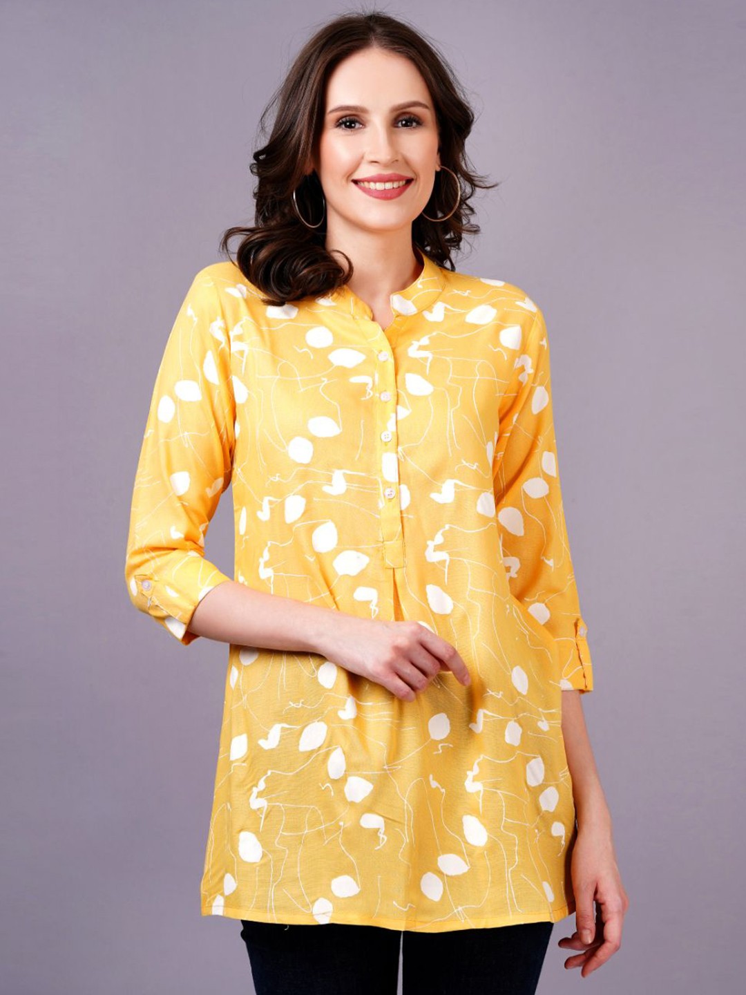 

HIGHLIGHT FASHION EXPORT Floral Print Mandarin Collar Shirt Style Top, Yellow