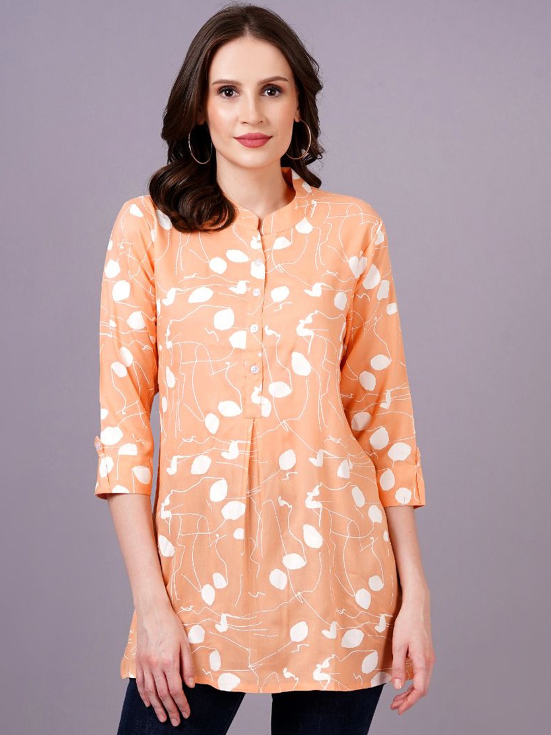 

HIGHLIGHT FASHION EXPORT Women Printed Shirt Style Longline Top, Orange
