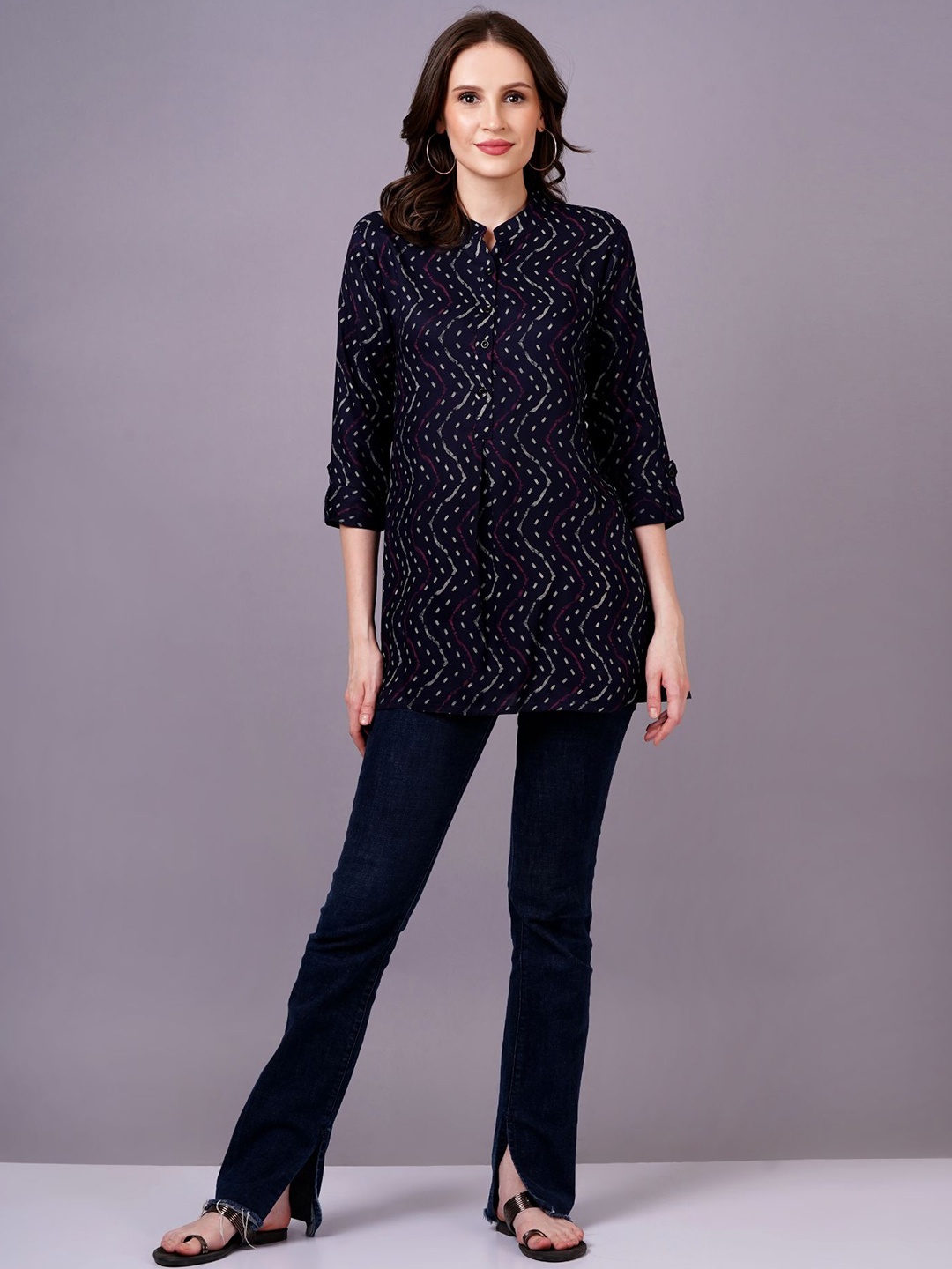 

HIGHLIGHT FASHION EXPORT Women Navy Blue Mandarin Collar Animal Print Shirt Style Top