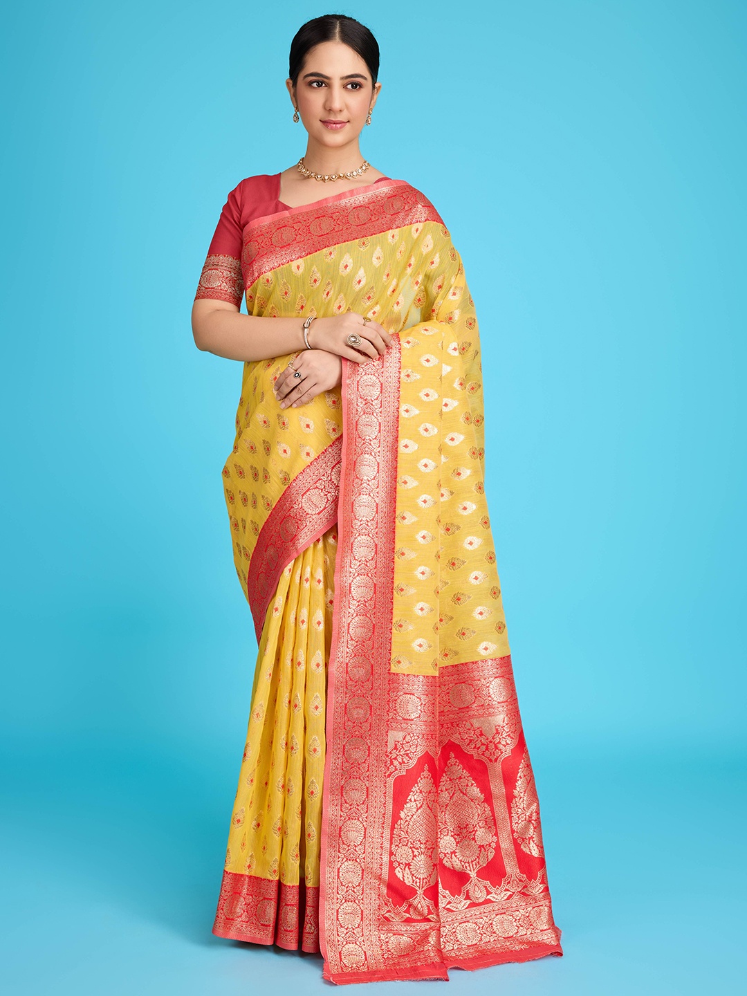 

KALINI Ethnic Motif Zari Woven Pure Linen Banarasi Saree, Yellow