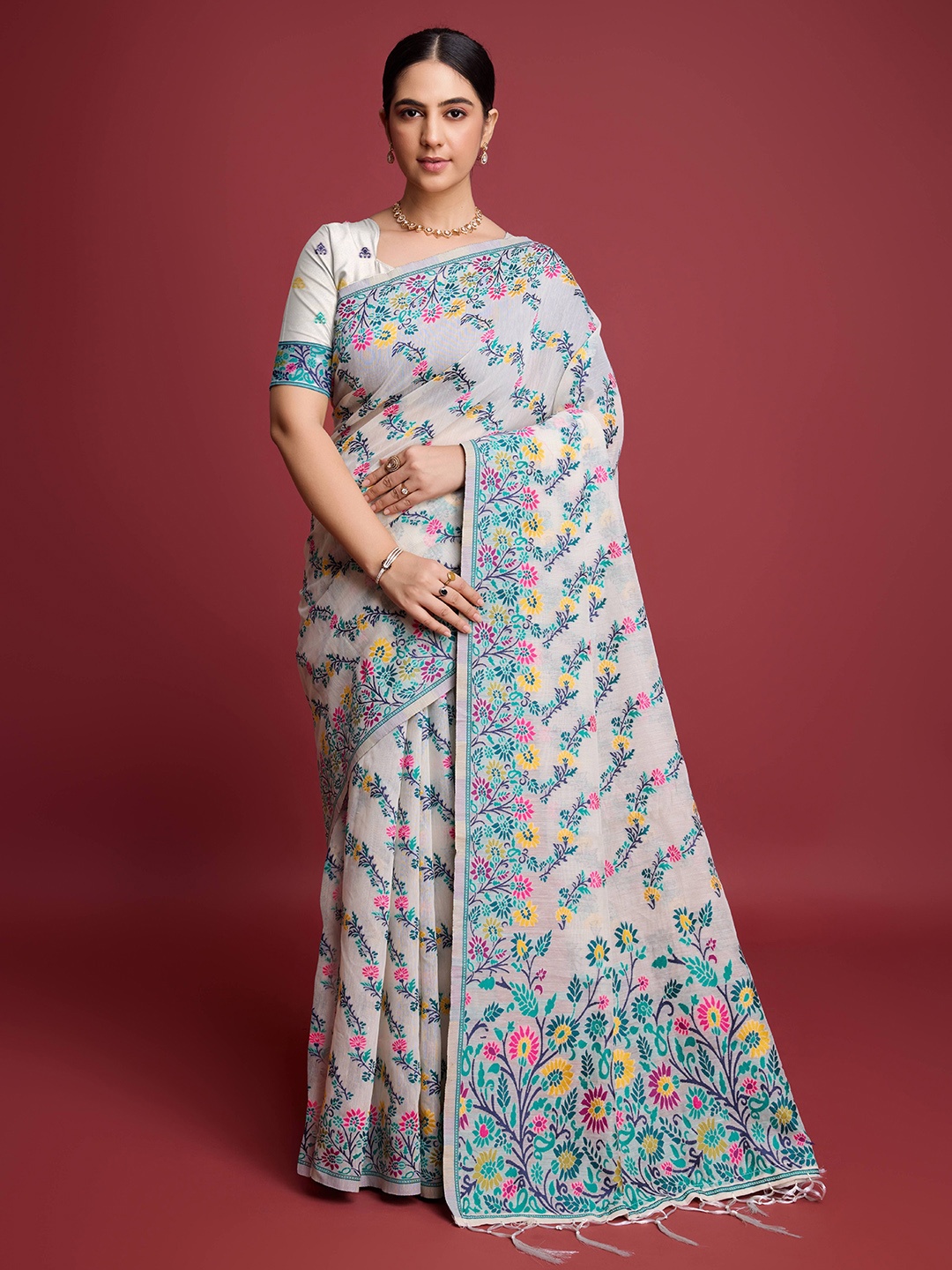 

KALINI Woven Design Zari Pure Cotton Jamdani Saree, Blue