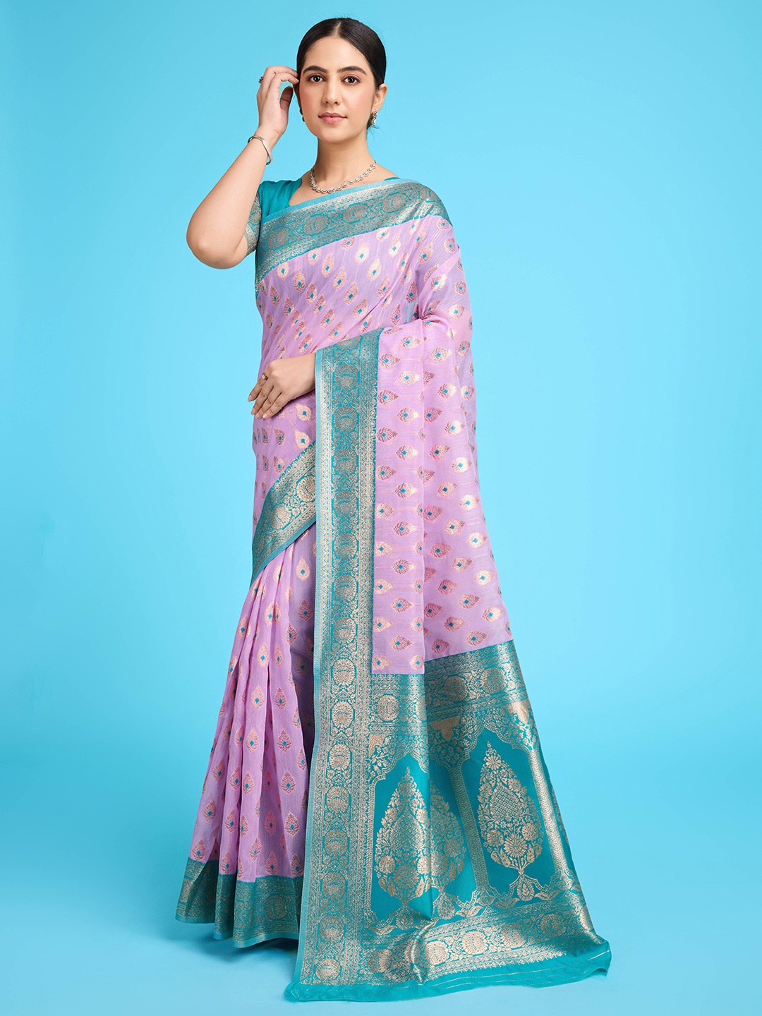 

KALINI Woven Design Zari Pure Linen Banarasi Saree, Purple