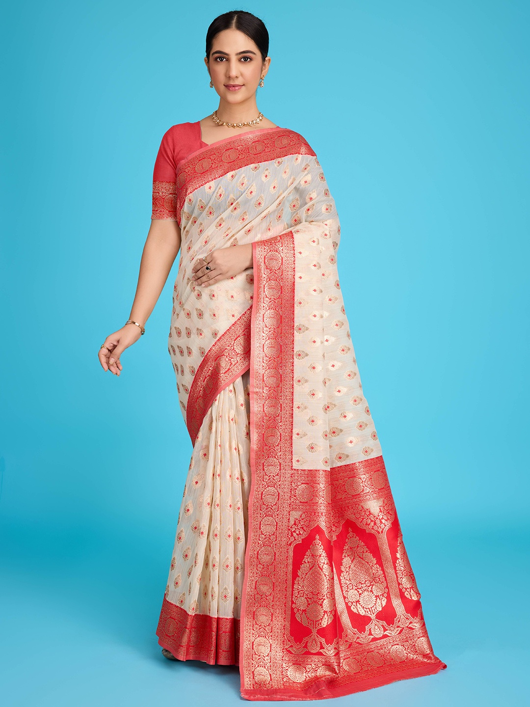 

KALINI Woven Design Zari Pure Linen Banarasi Saree, Cream