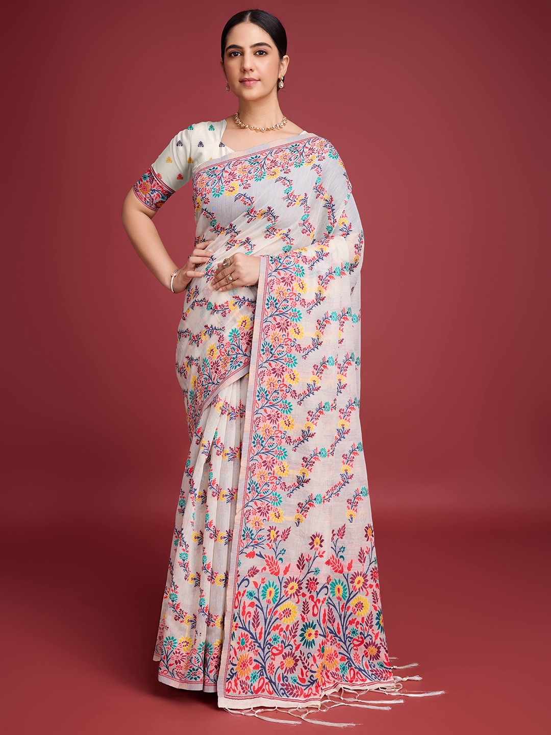 

KALINI Woven Design Pure Cotton Jamdani Saree, Red
