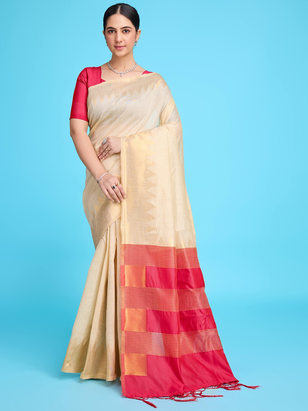

KALINI Woven Design Zari Pure Cotton Jamdani Saree, Pink