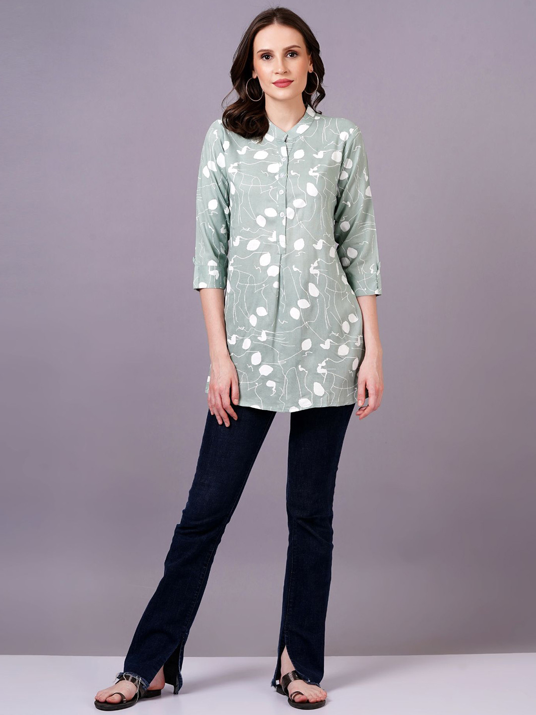 

JC4U Floral Print Shirt Style Top, Green