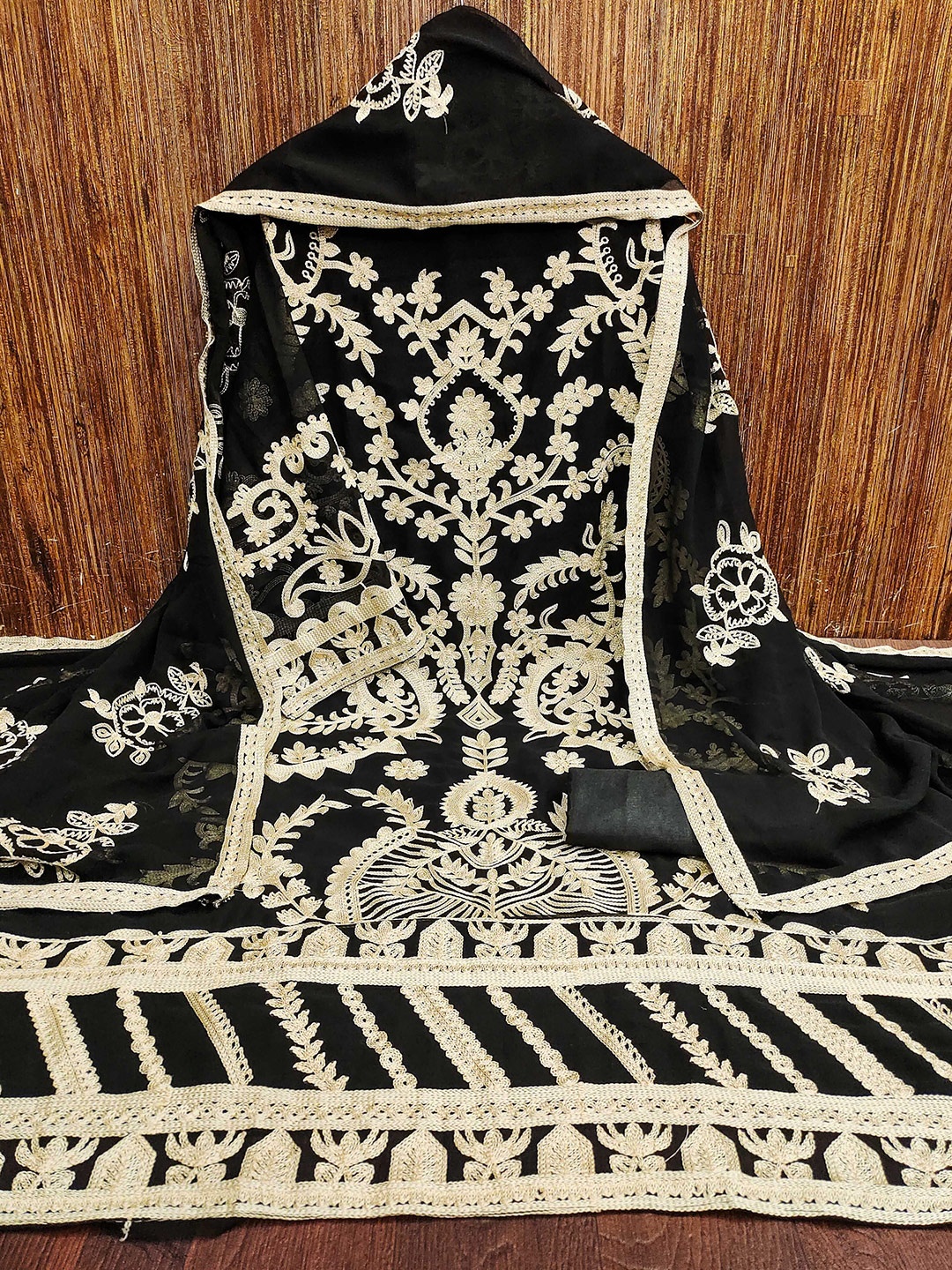 

KIMISHA Floral Embroidered Unstitched Dress Material, Black