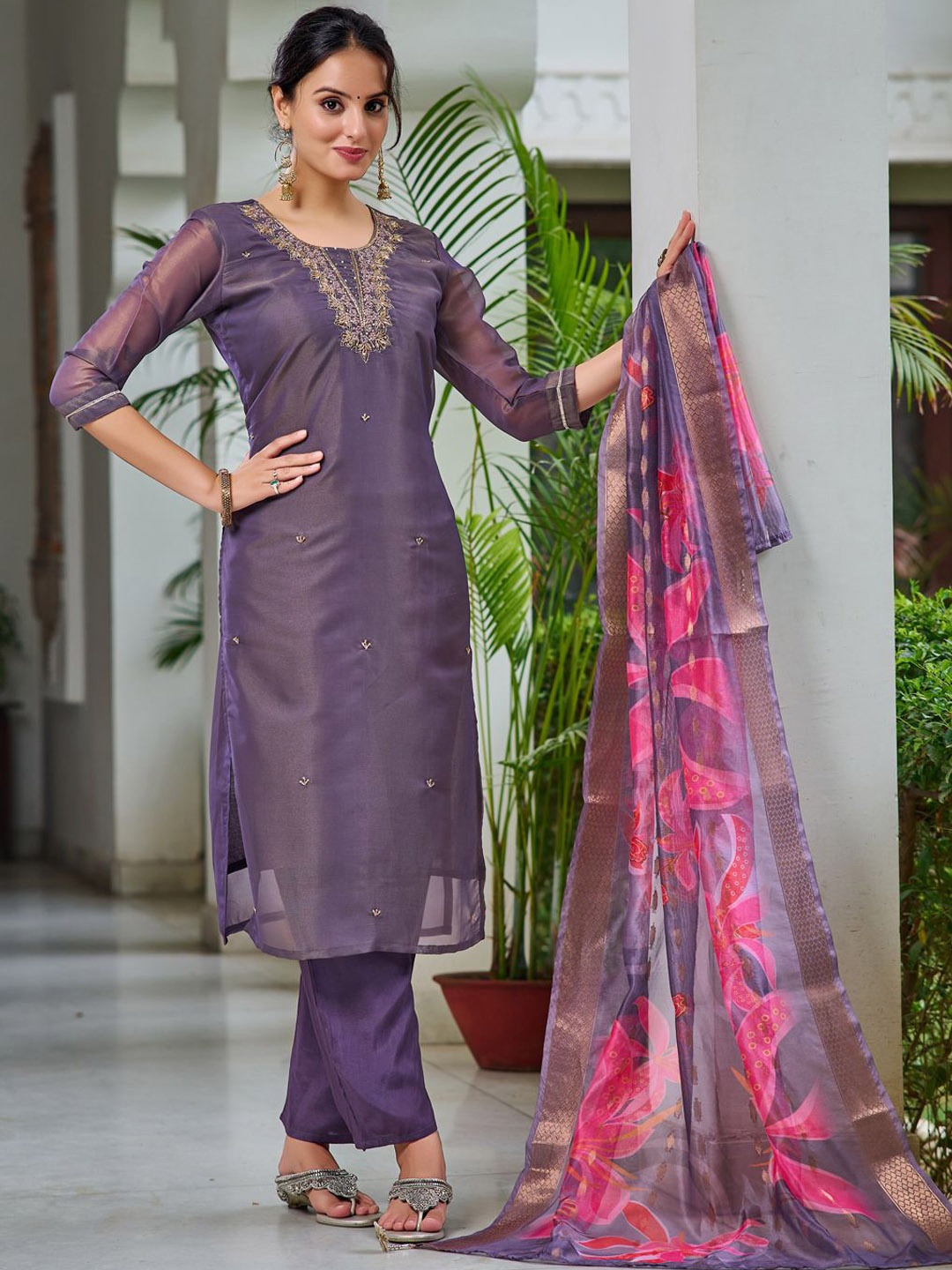 

KALINI Floral Embroidered Kurta with Trousers & Dupatta, Lavender