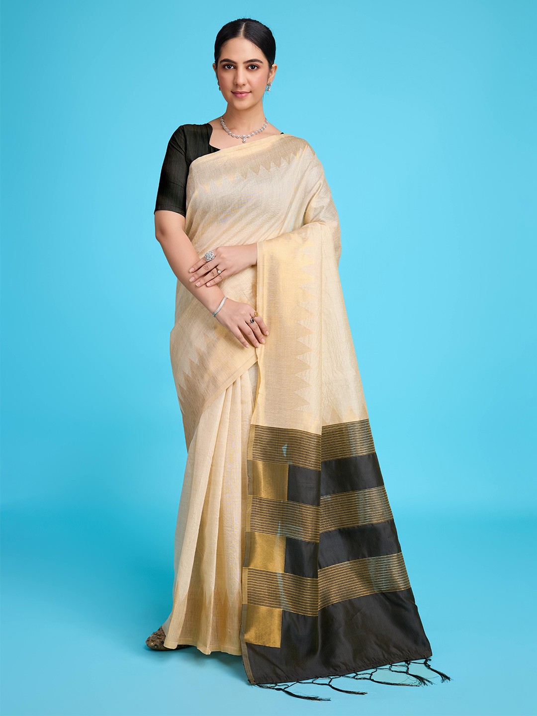 

Mitera Striped Zari Pure Cotton Jamdani Saree, Black