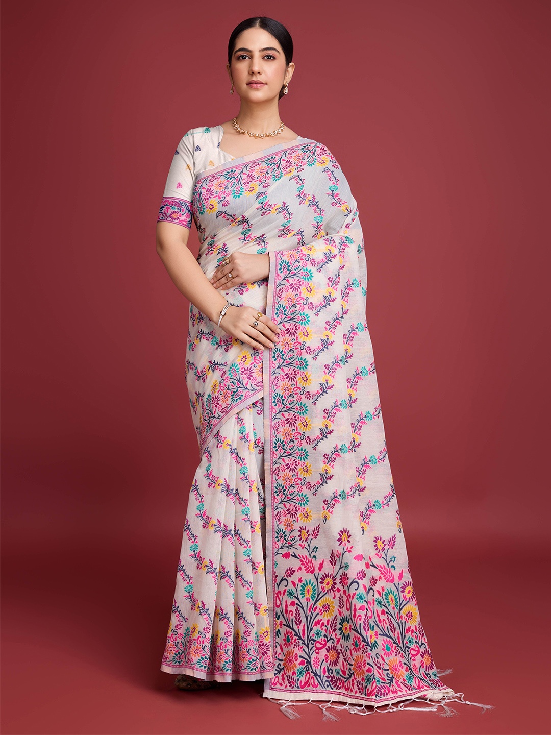 

Mitera Woven Design Pure Cotton Jamdani Saree, Pink