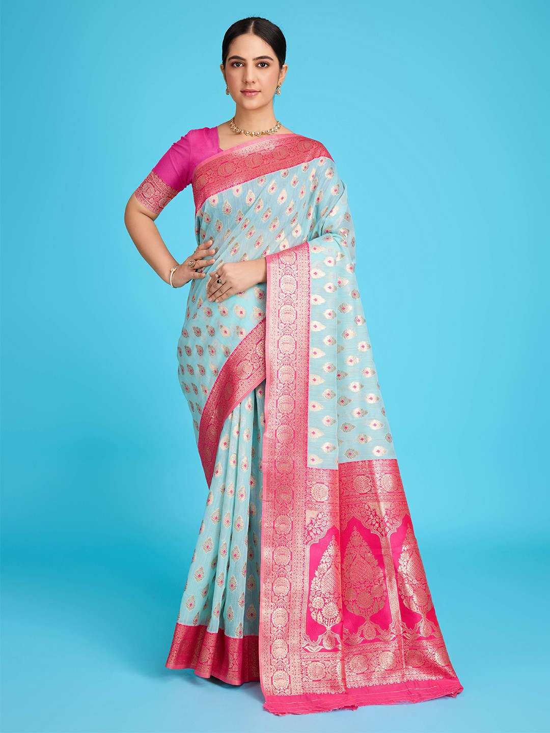 

Mitera Woven Design Zari Pure Linen Banarasi Saree, Blue