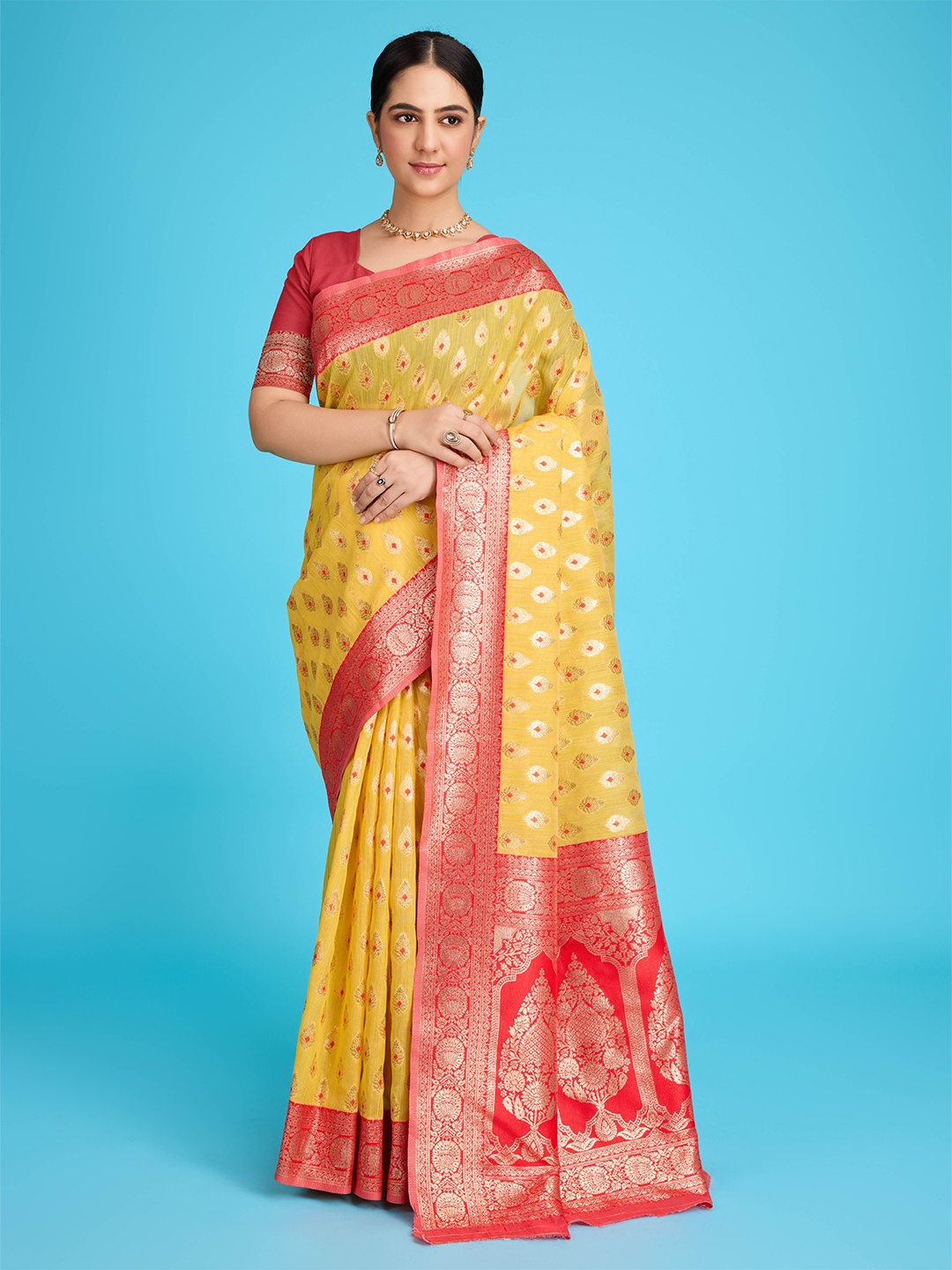

Mitera Woven Design Ethnic Motifs Zari Pure Linen Banarasi Saree, Yellow