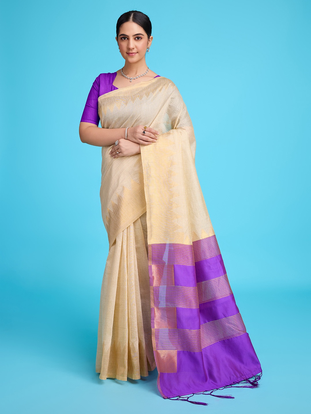 

Mitera Striped Zari Pure Cotton Jamdani Saree, Purple