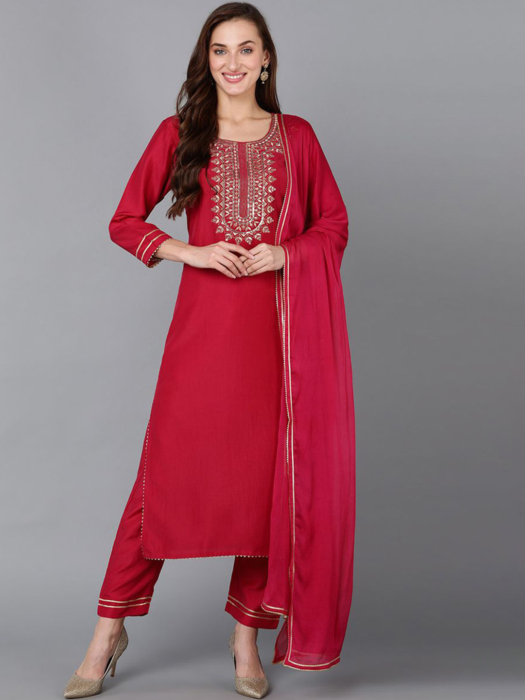 

KALINI Floral Embroidered Sequinned Kurta with Trousers & Dupatta, Red
