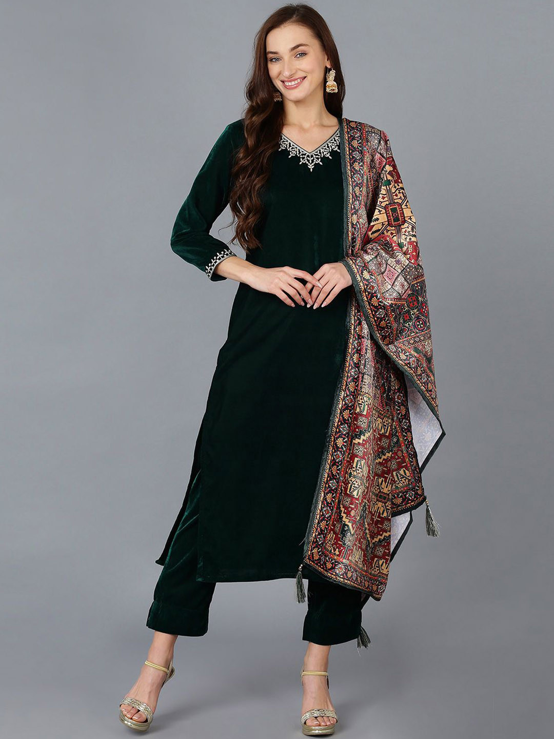 

KALINI Floral Yoke Design V-Neck Thread Work Velvet Straight Kurta With Trousers & Dupatta, Green