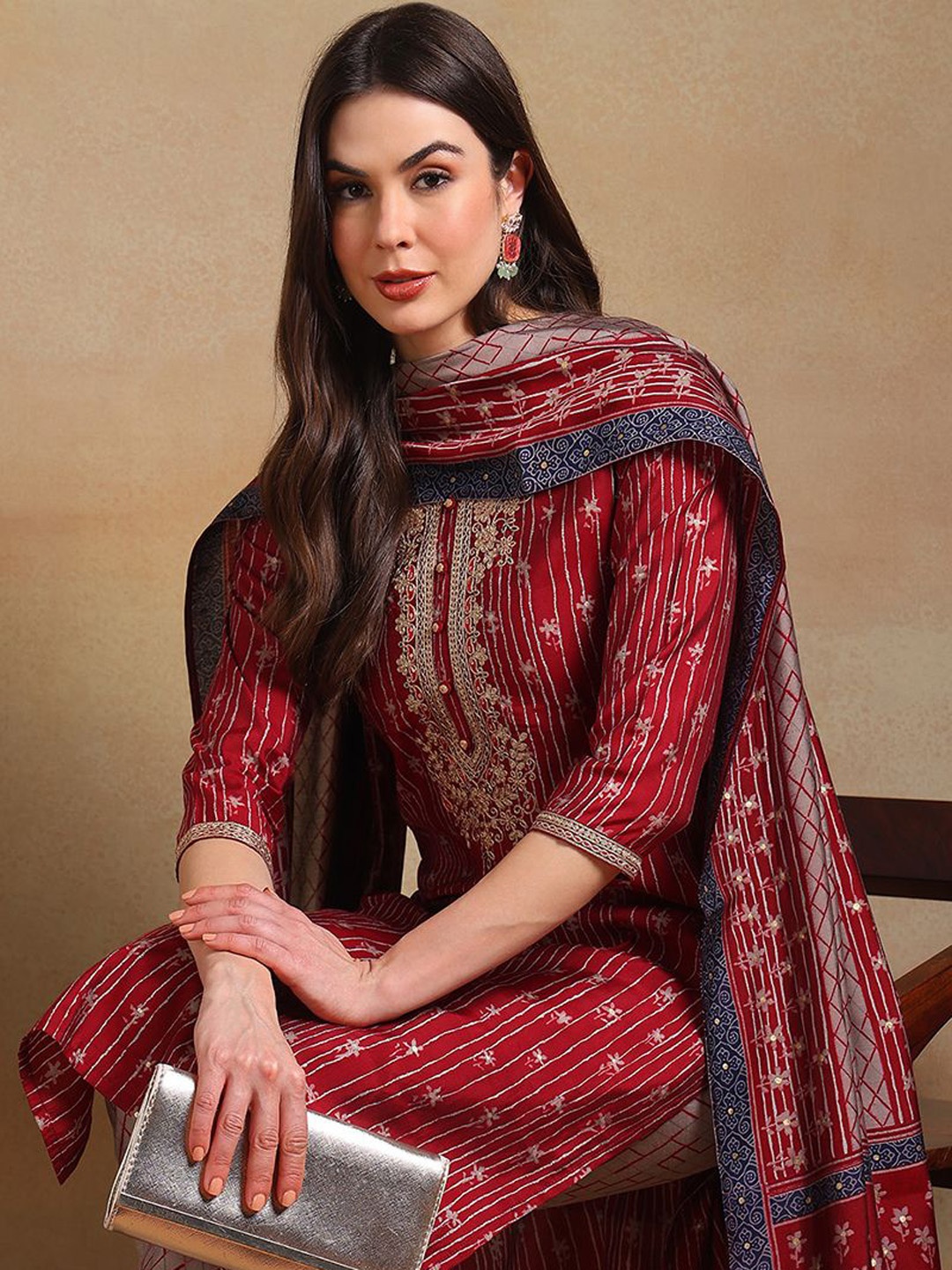 

KALINI Floral Embroidered Straight Kurta with Trousers & Dupatta, Maroon