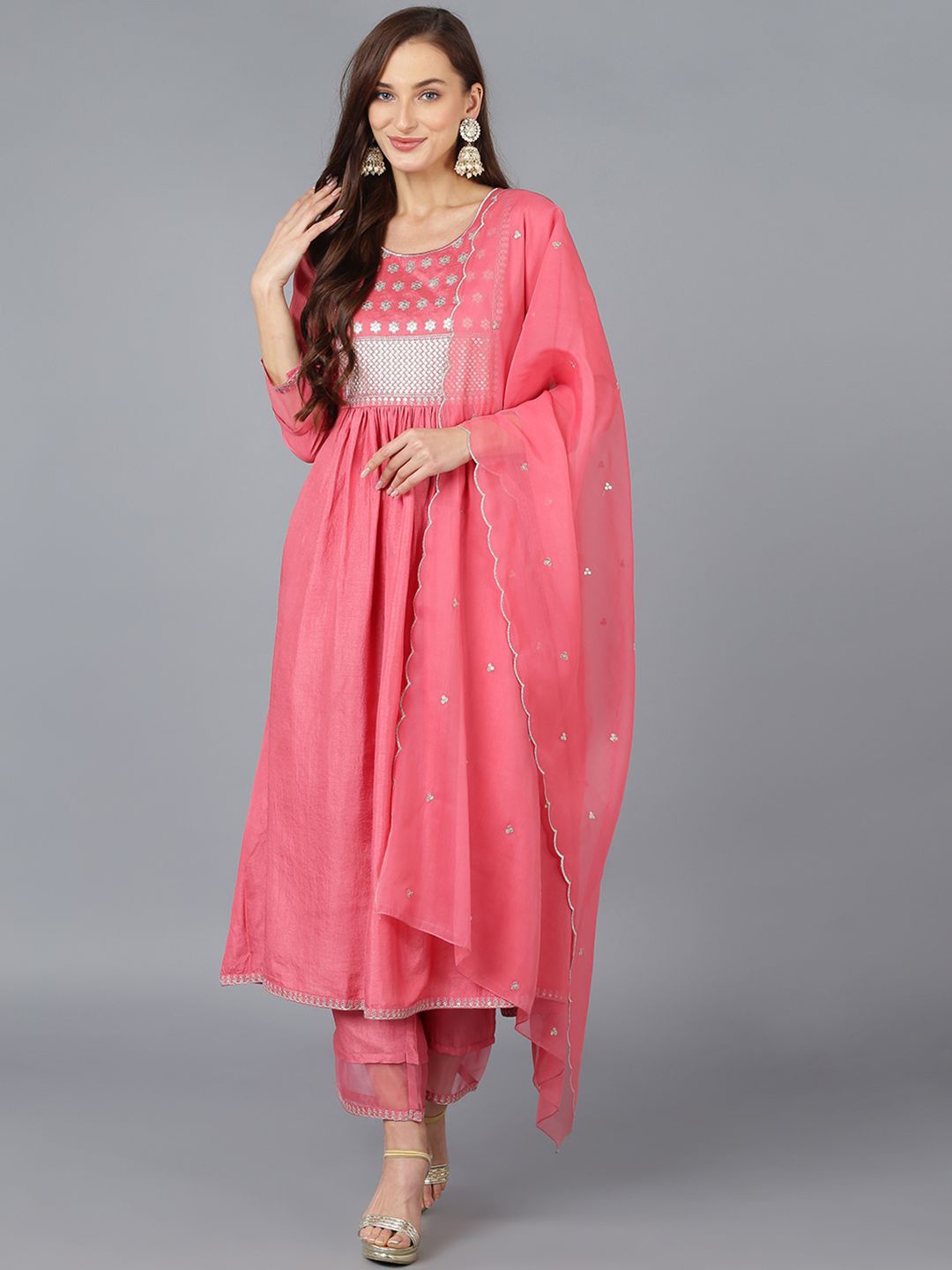 

KALINI Floral Embroidered Round Neck Sequinned A-Line Kurta With Trousers & Dupatta, Coral