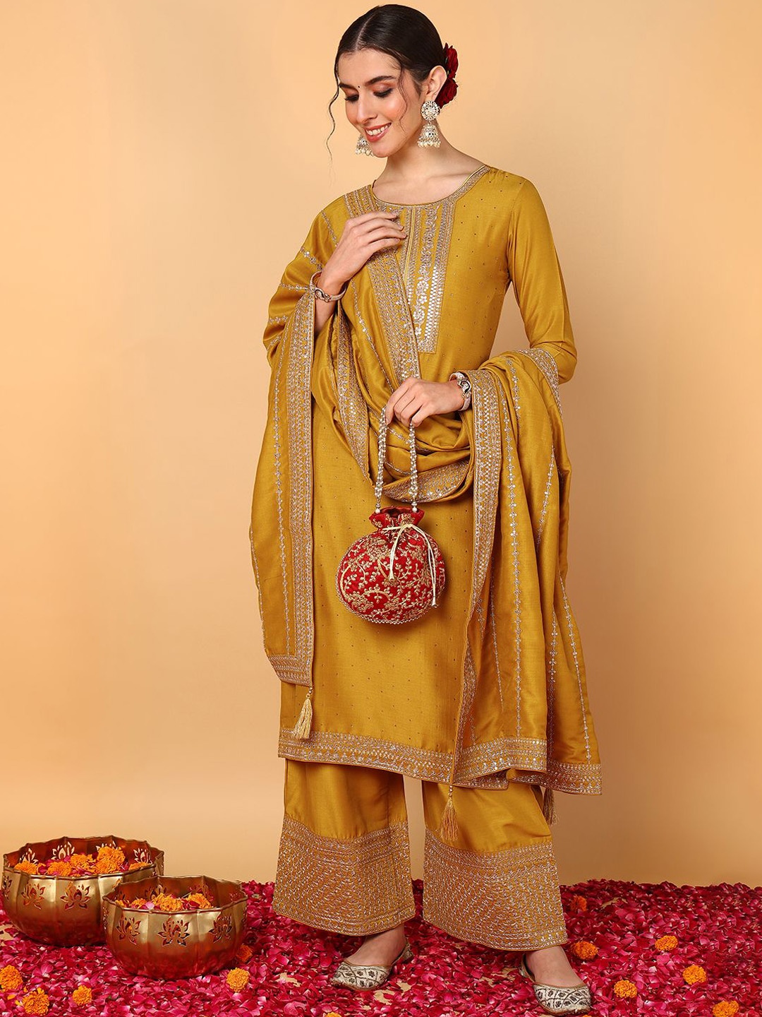 

KALINI Floral Embroidered Sequinned Kurta With Palazzos & Dupatta, Mustard