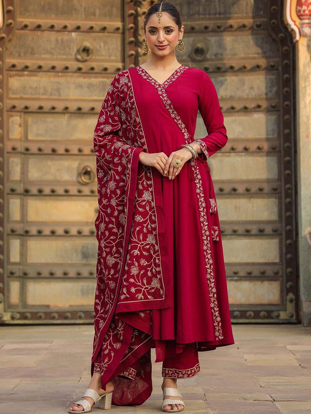 

KALINI Anarkali Angrakha Thread Work Kurta with Palazzos & Dupatta, Maroon