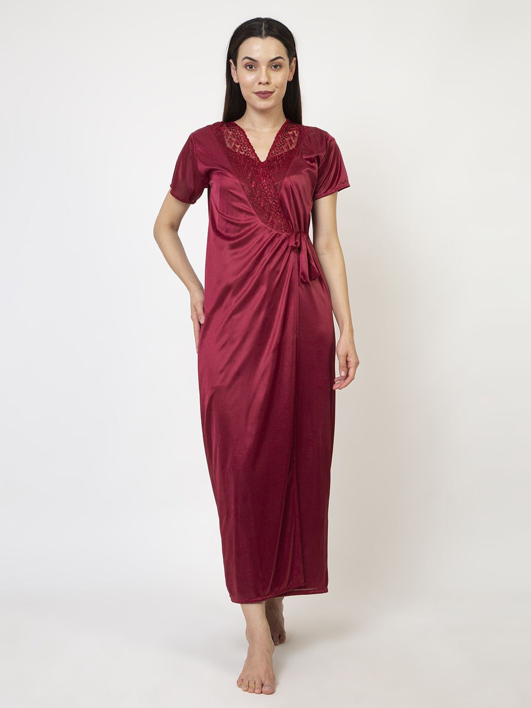 

AVYAY Women Pack Of 2 Satin Nighty Nightdress, Maroon