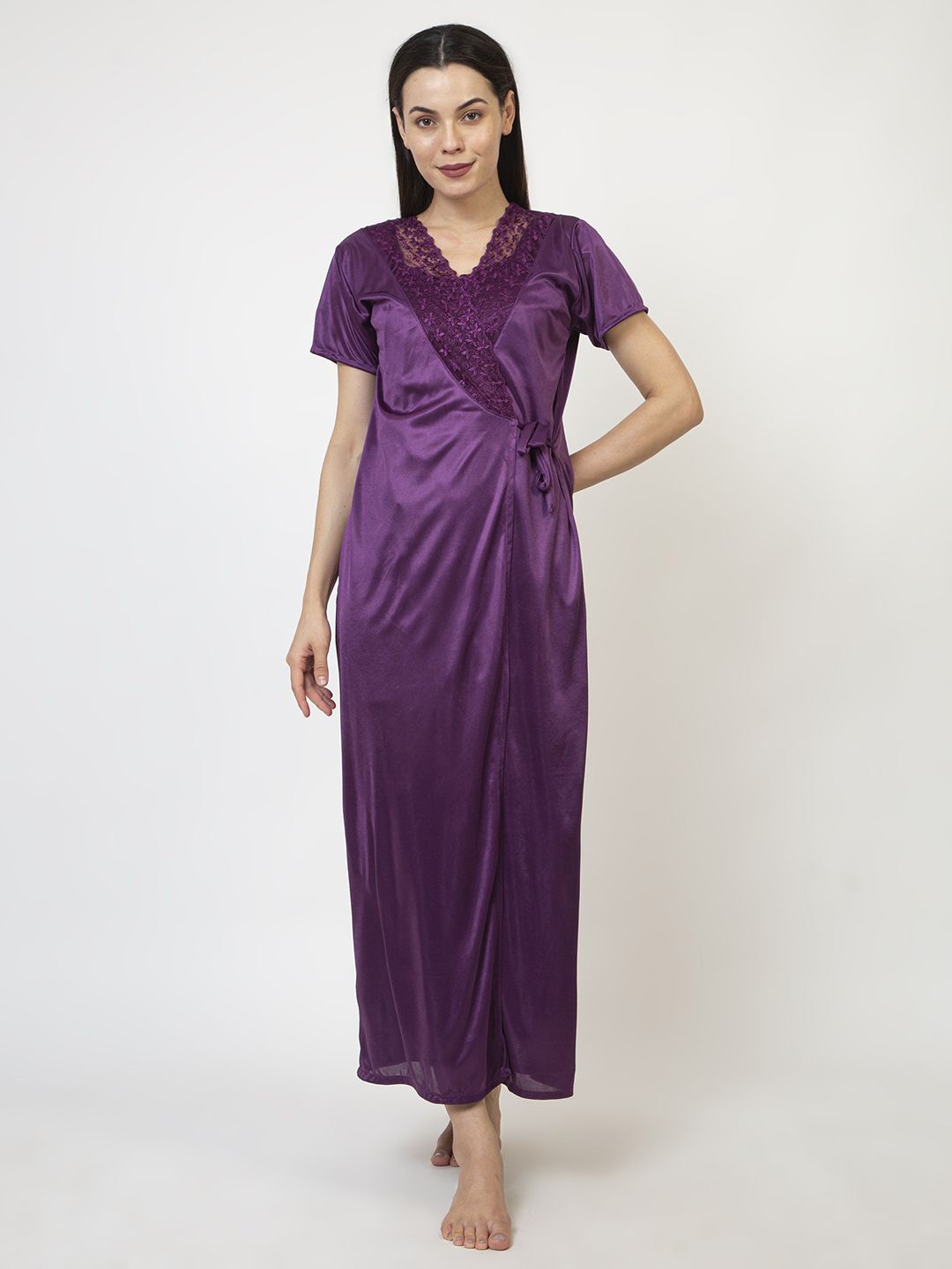 

AVYAY Solid Satin Finish Night Dress with Robe, Purple