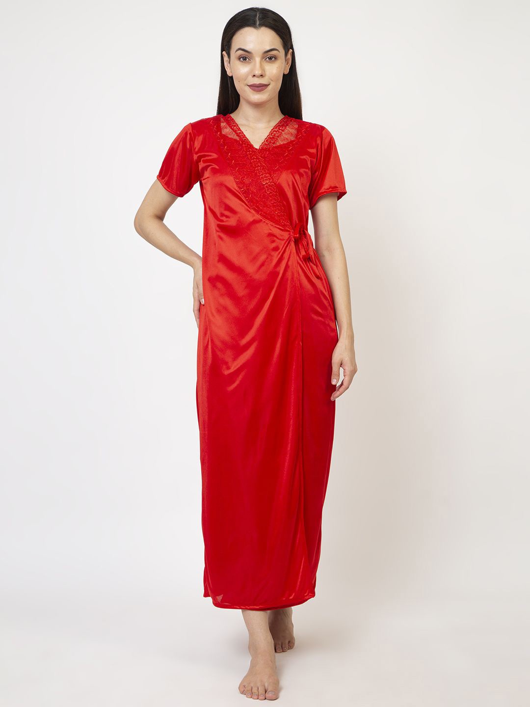 

AVYAY Women 2 Piece Satin Maxi Nightdress, Red