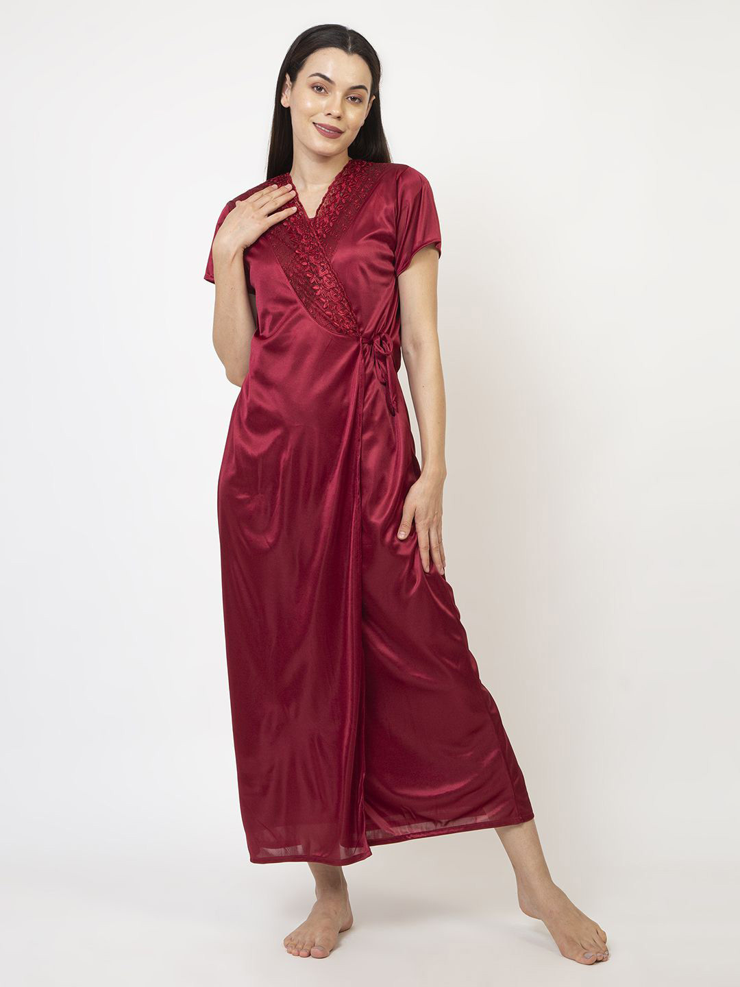 

AVYAY Women 2 Piece Satin Maxi Nightdress, Maroon