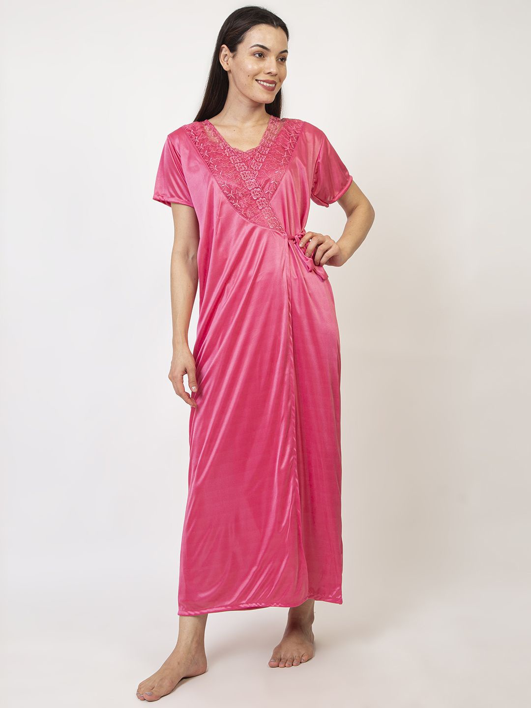 

AVYAY Solid Satin Finish Night Dress with Robe, Peach