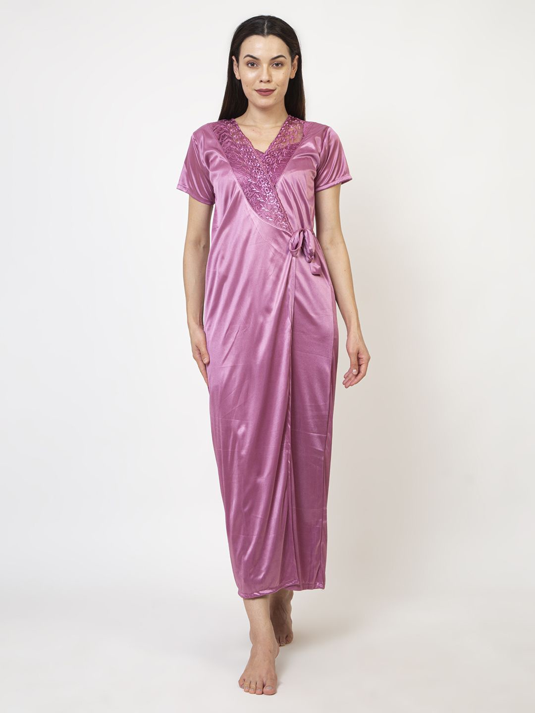 

AVYAY Self Design Satin Maxi Wrap Nightdress, Purple