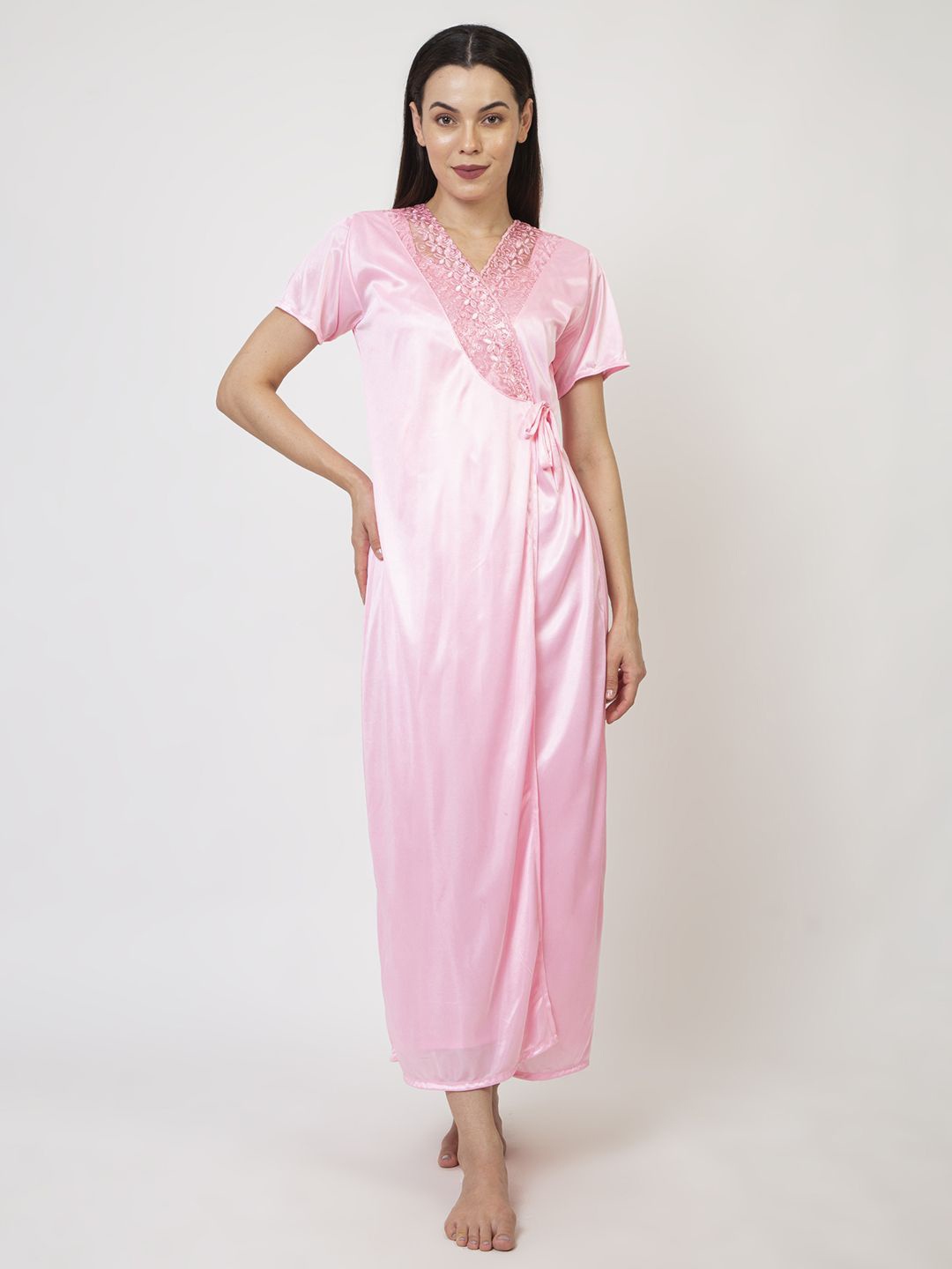 

AVYAY Women Satin Maxi Wrap Nightdress, Pink