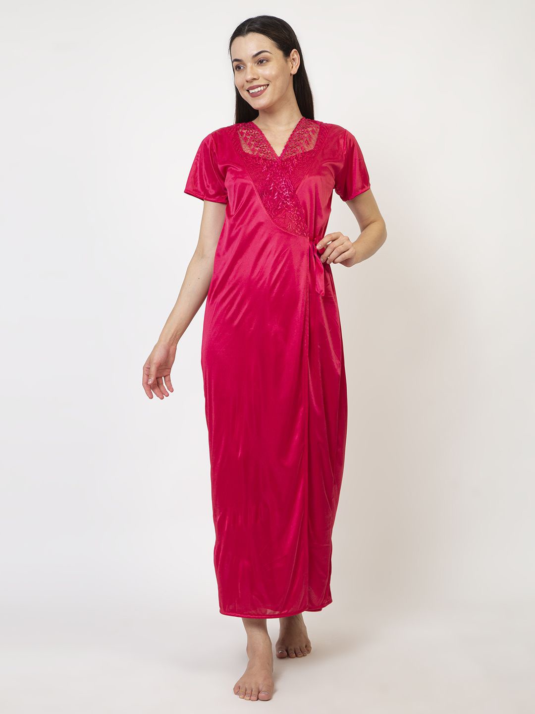 

AVYAY Self Design Satin Maxi Wrap Nightdress, Pink