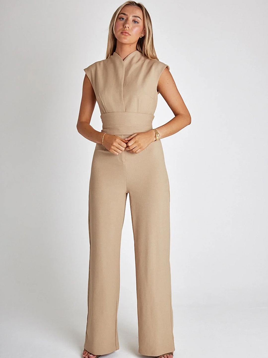 

LULU & SKY Women V-Neck Basic Jumpsuit, Beige