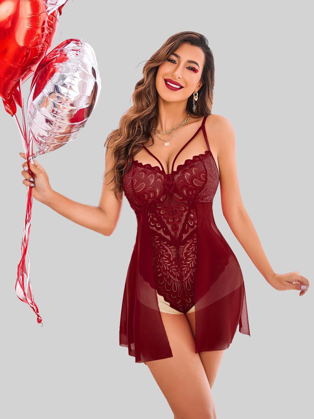 

Krelin Net Self Design Baby Doll, Maroon