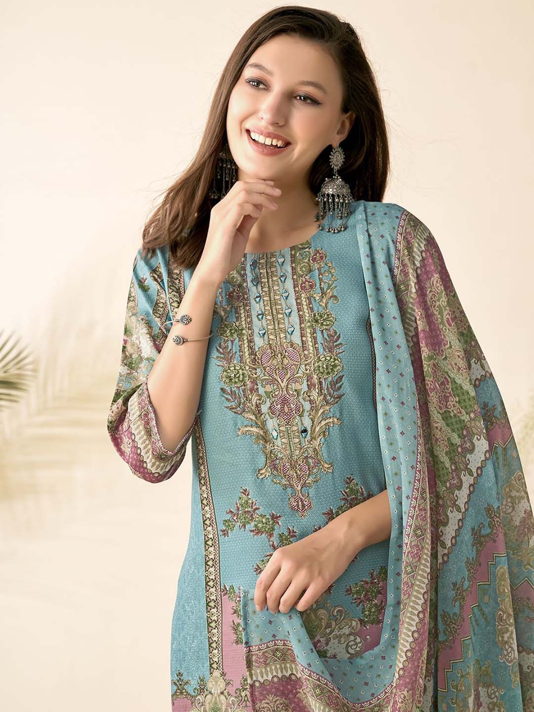 Anouk Floral Printed Regular Mirror Work Straight Kurta With Trousers & Dupatta, Blue