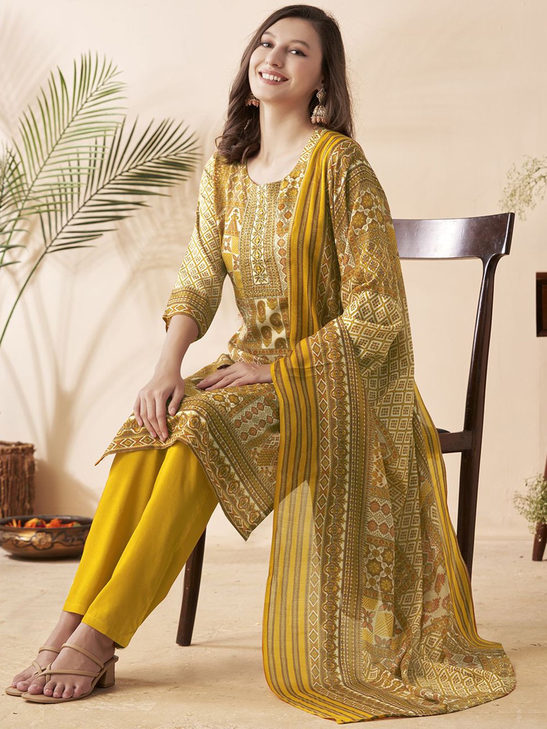 

Anouk Yellow Ethnic Motifs Printed Regular Mirror Work Kurta With Trousers & Dupatta