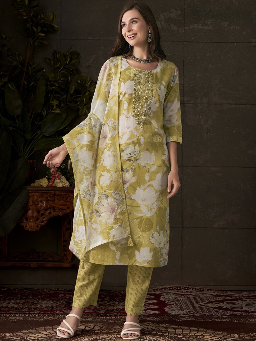 

Anouk Yellow Floral Printed Sequinned Straight Kurta With Trousers & Dupatta