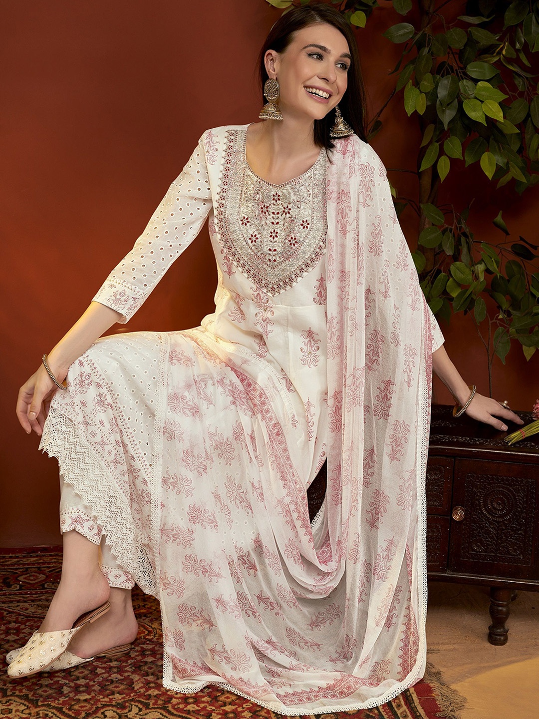 

Anouk Printed Panelled Thread Work Pure Cotton Anarkali Kurta With Trousers & Dupatta, White