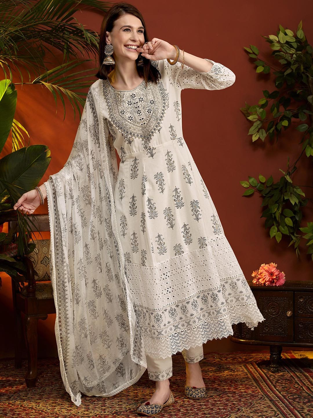 

Anouk Floral Printed Thread Work Pure Cotton Kurta with Trousers & Dupatta, White