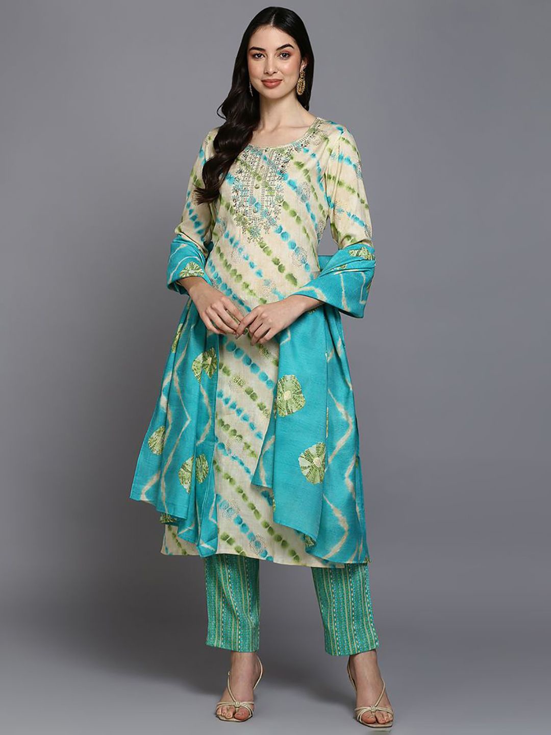 

KALINI Floral Embroidered Straight Kurta with Trousers & Dupatta, Beige