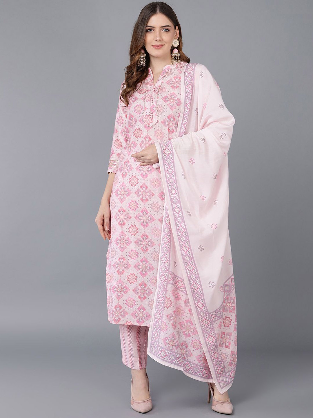 

KALINI Ethnic Motifs Printed Gotta Patti Mandarin Collar Kurta With Trousers & Dupatta, Pink