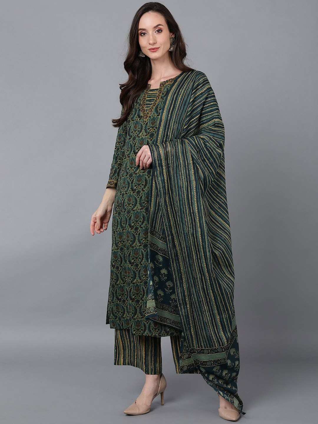 

KALINI Floral Printed Notch Neck Pure Cotton Straight Kurta With Palazzos & Dupatta, Green