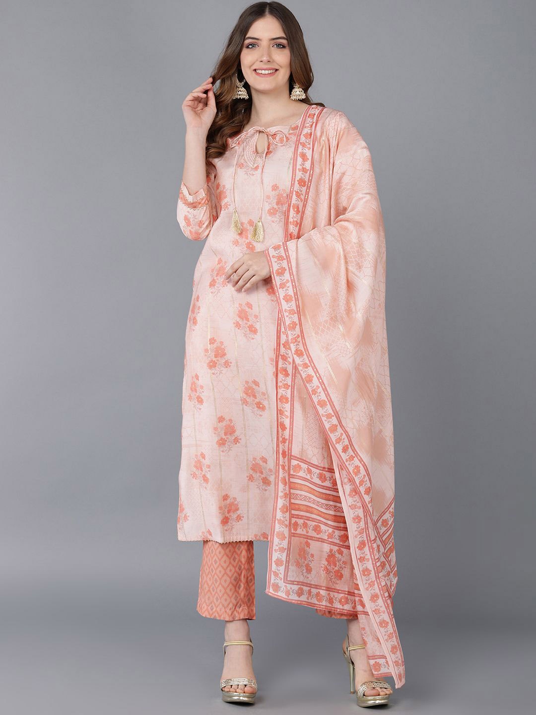 

KALINI Floral Printed Kurta with Trousers & Dupatta, Peach