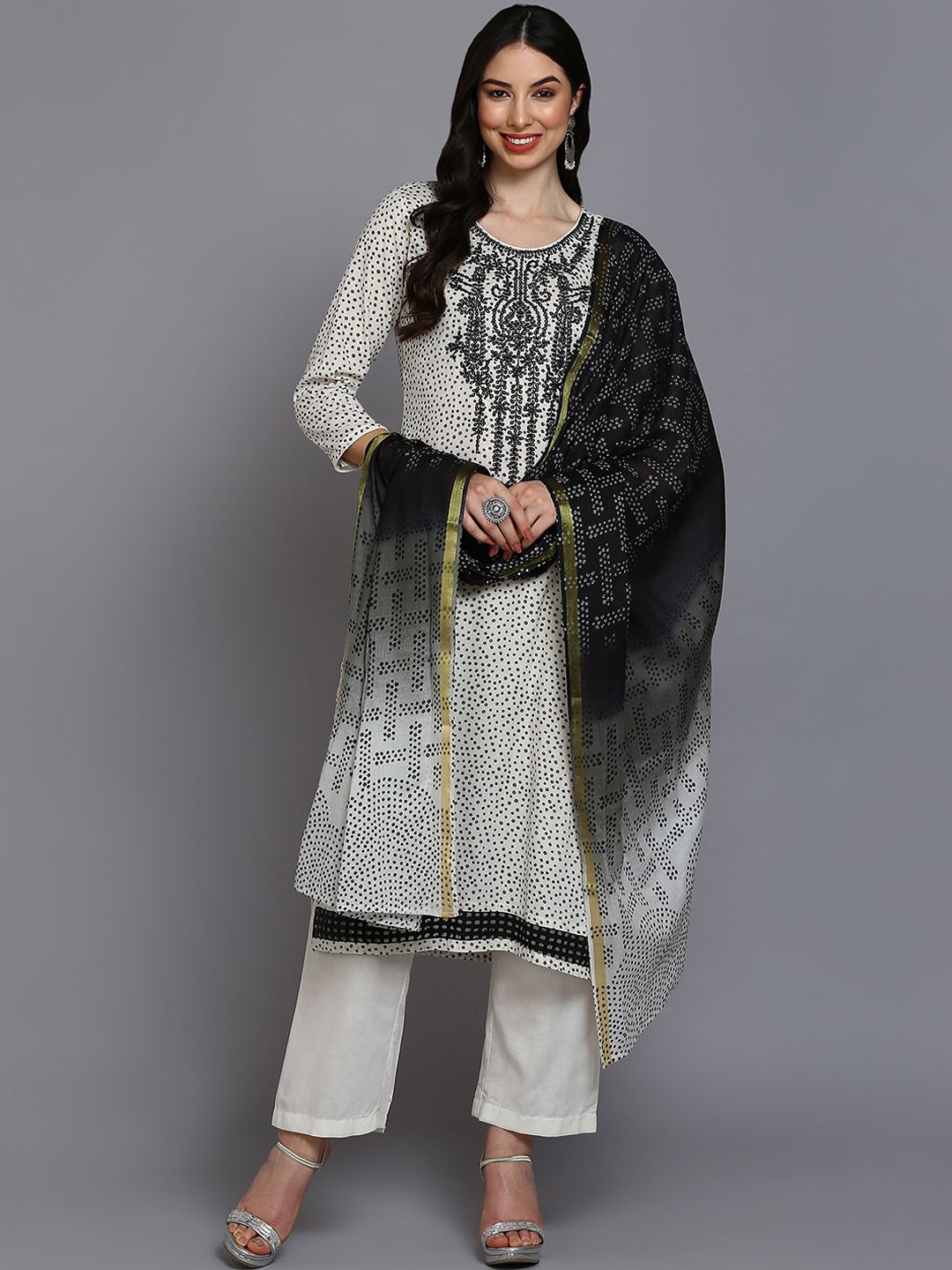 

KALINI Bandhani Printed Thread Work Pure Cotton Straight Kurta with Trousers & Dupatta, Off white