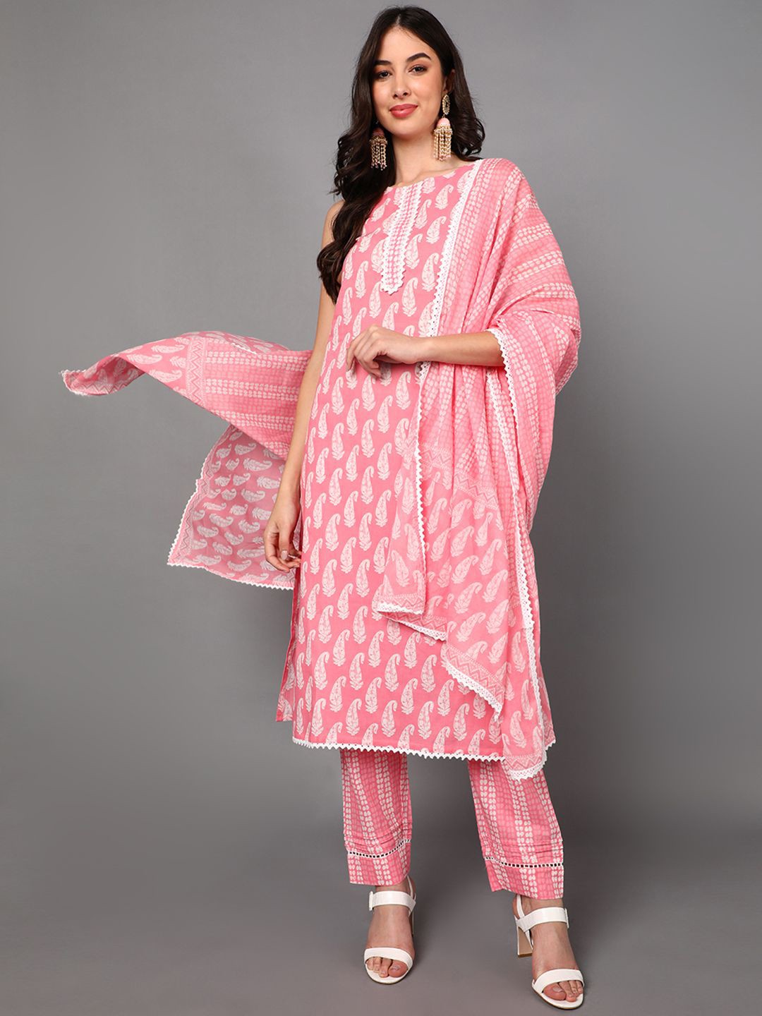

KALINI Paisley Printed Thread Work Pure Cotton Kurta with Trousers & Dupatta, Pink