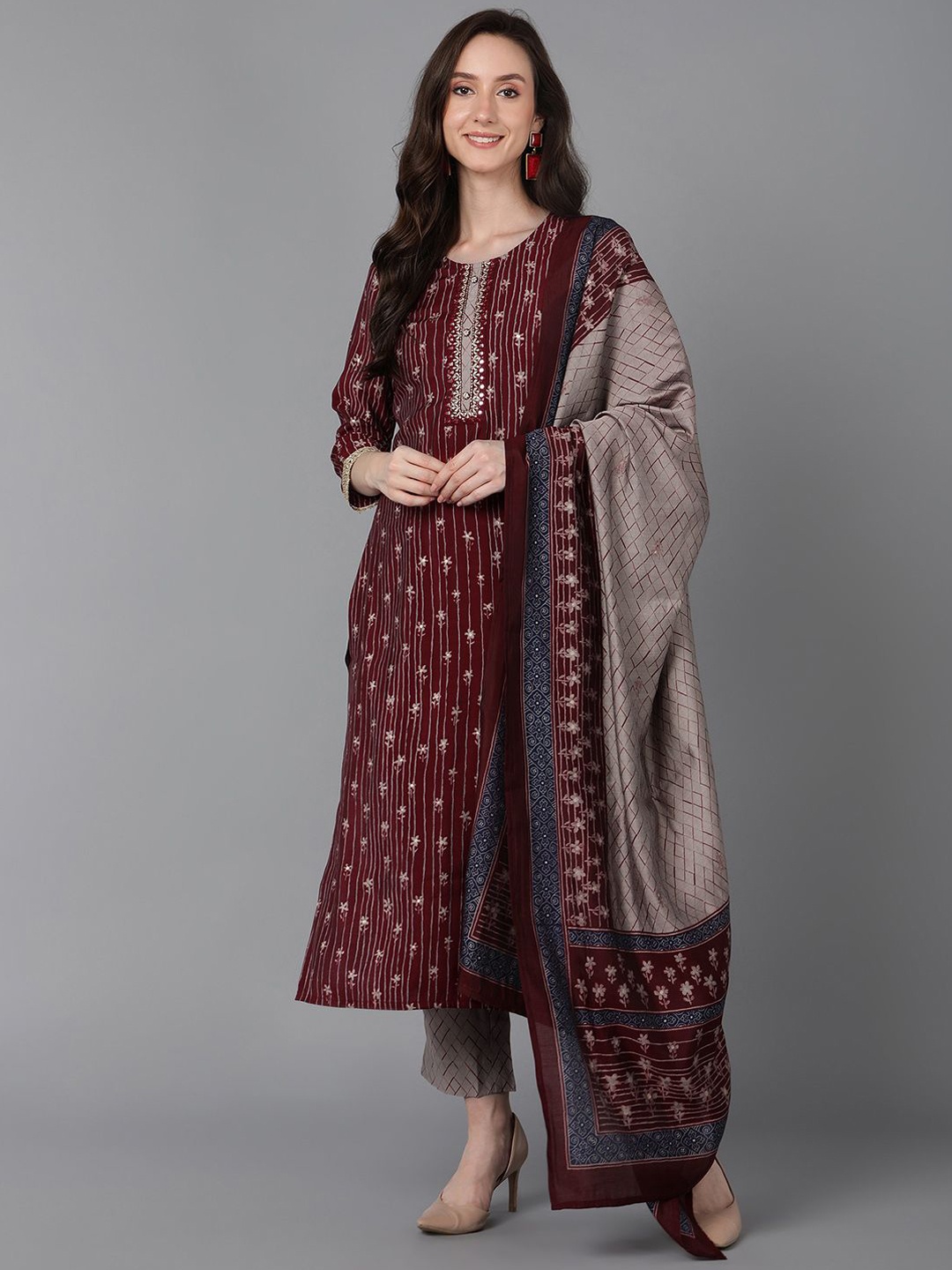 

KALINI Ethnic Motifs Printed Straight Mirror Work Kurta with Trousers & Dupatta, Maroon