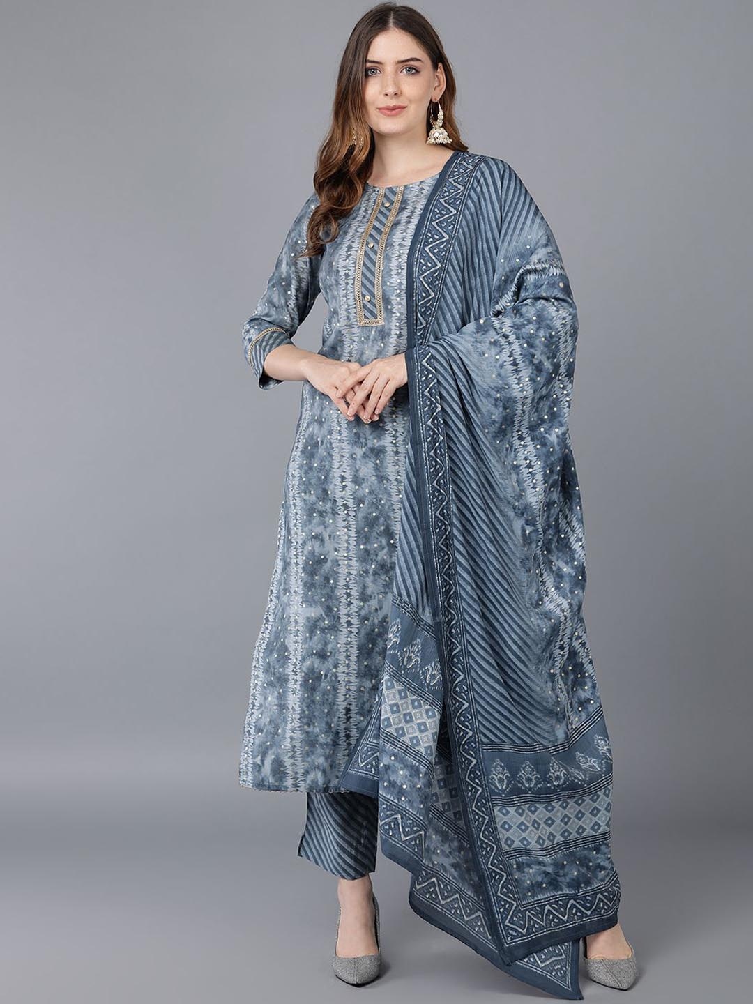 

KALINI Abstract Printed Gotta Patti Straight Kurta With Trousers & Dupatta, Charcoal
